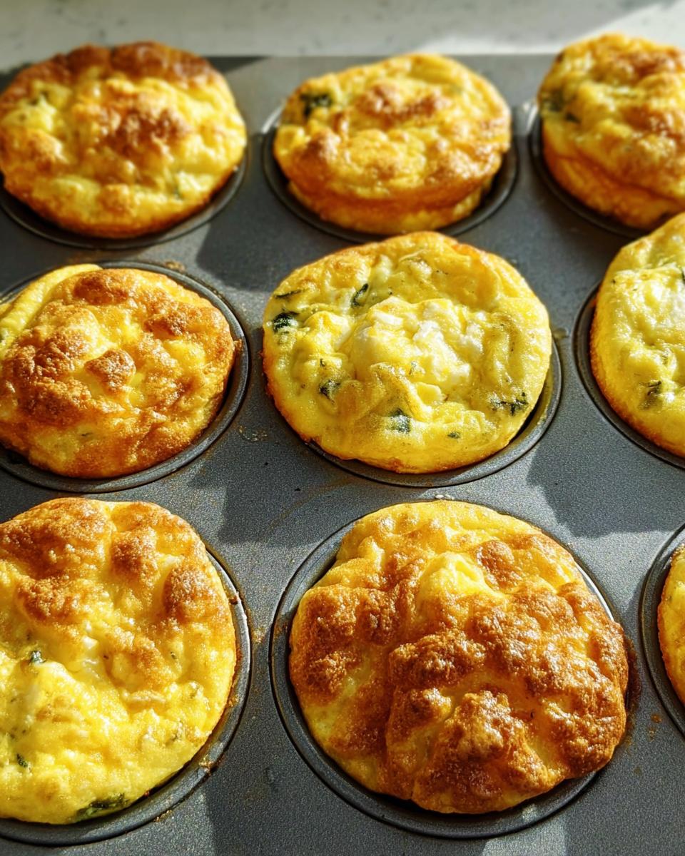 A close-up of golden-brown egg muffins baked in a muffin tin, perfect for meal prep.