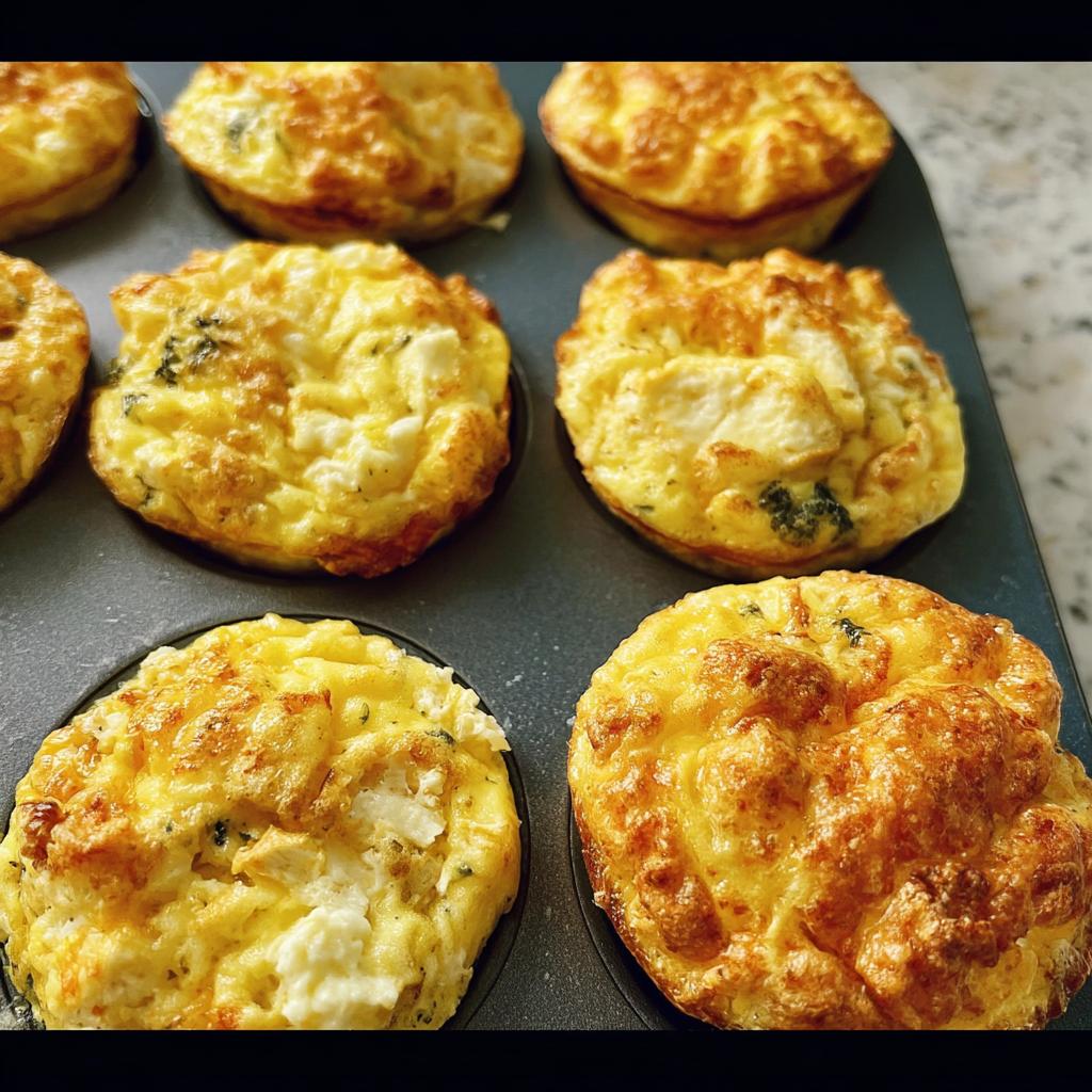 Close-up of golden brown egg muffins for meal prep baked in a muffin tin, showing fluffy texture and some visible cheese and herbs.
