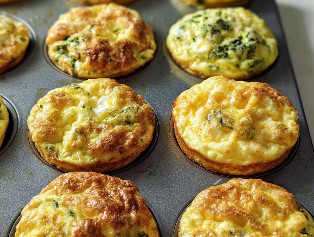 Close-up of golden brown egg muffins with green specks, baked in a muffin tin, perfect for meal prep.
