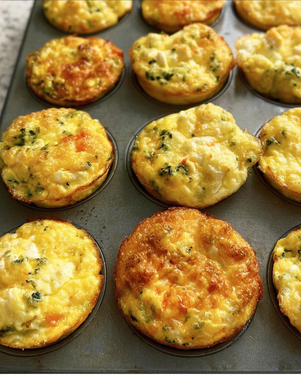 A close-up of golden brown egg muffins with visible vegetables in a muffin tin, perfect for meal prep.