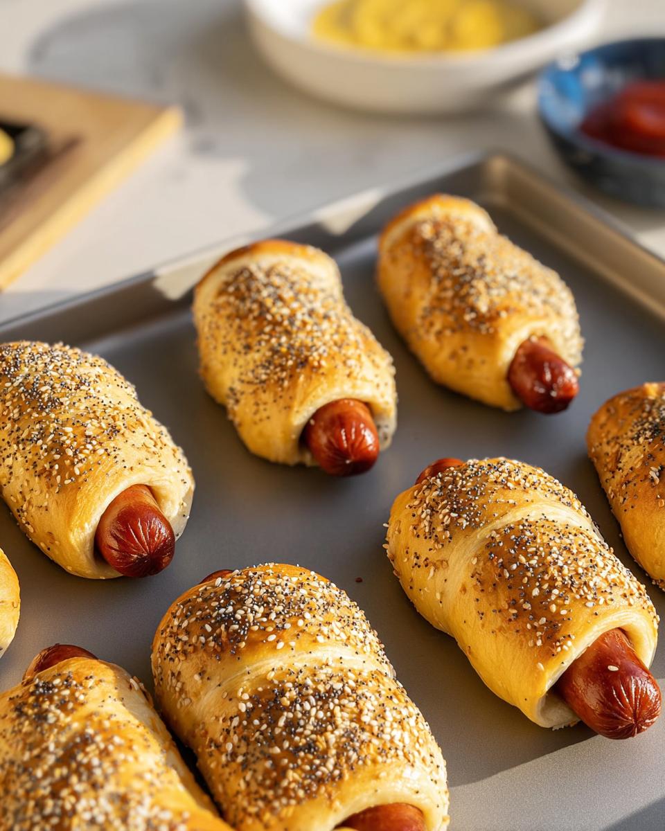 Everything-Bagel Mummy Dogs on a baking sheet, baked to golden perfection with visible bagel seasoning.