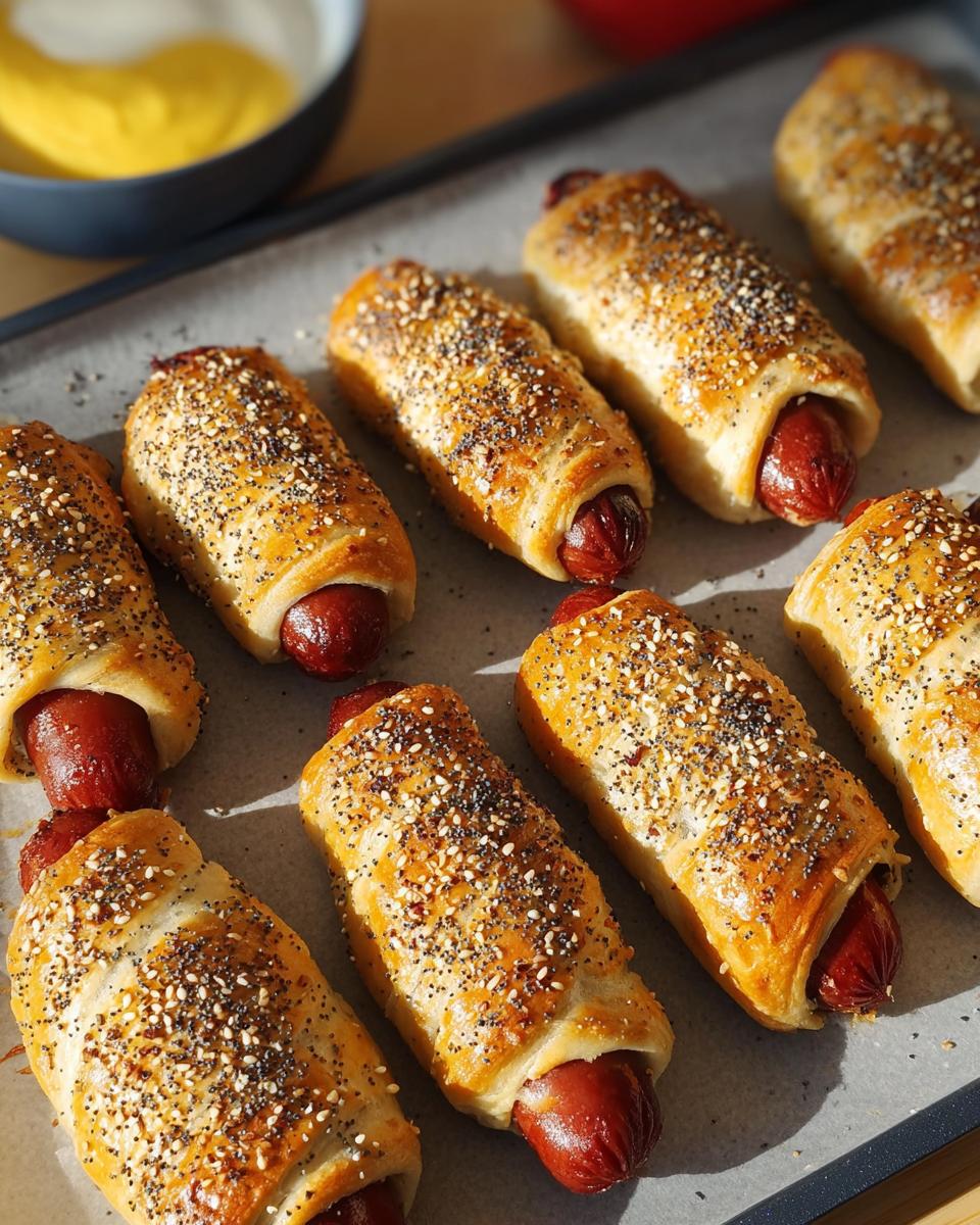 A batch of baked Everything-Bagel Mummy Dogs (5-Ingredient) on a baking sheet, ready to serve.