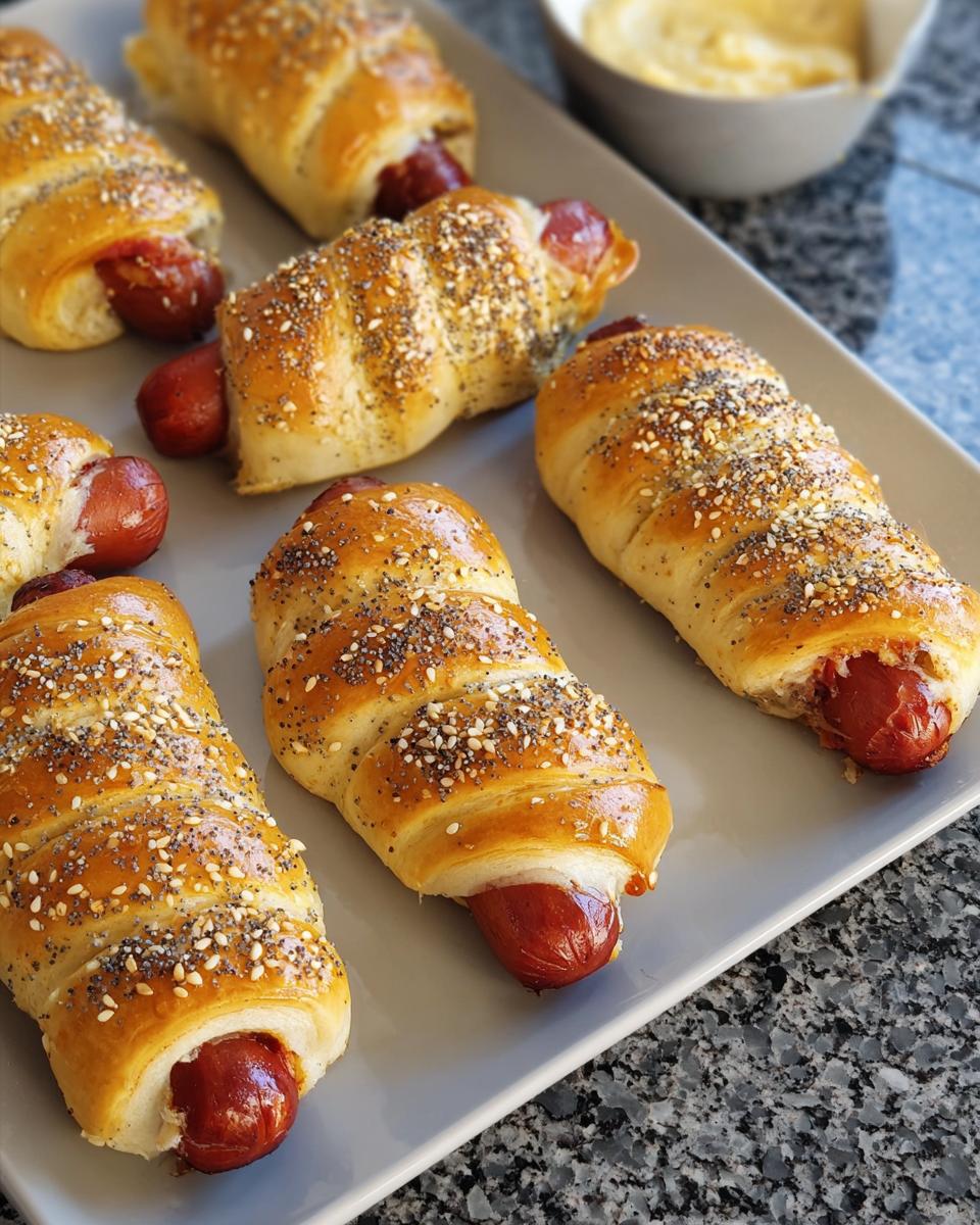 Several Everything-Bagel Mummy Dogs arranged on a gray plate, ready to be served with dipping sauce.
