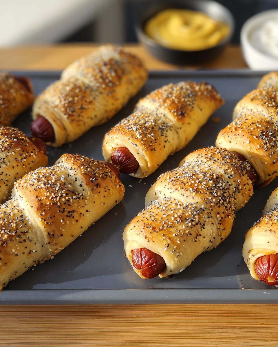 Everything-Bagel Mummy Dogs (5-Ingredient) on a baking sheet, ready to serve with mustard and dipping sauce.