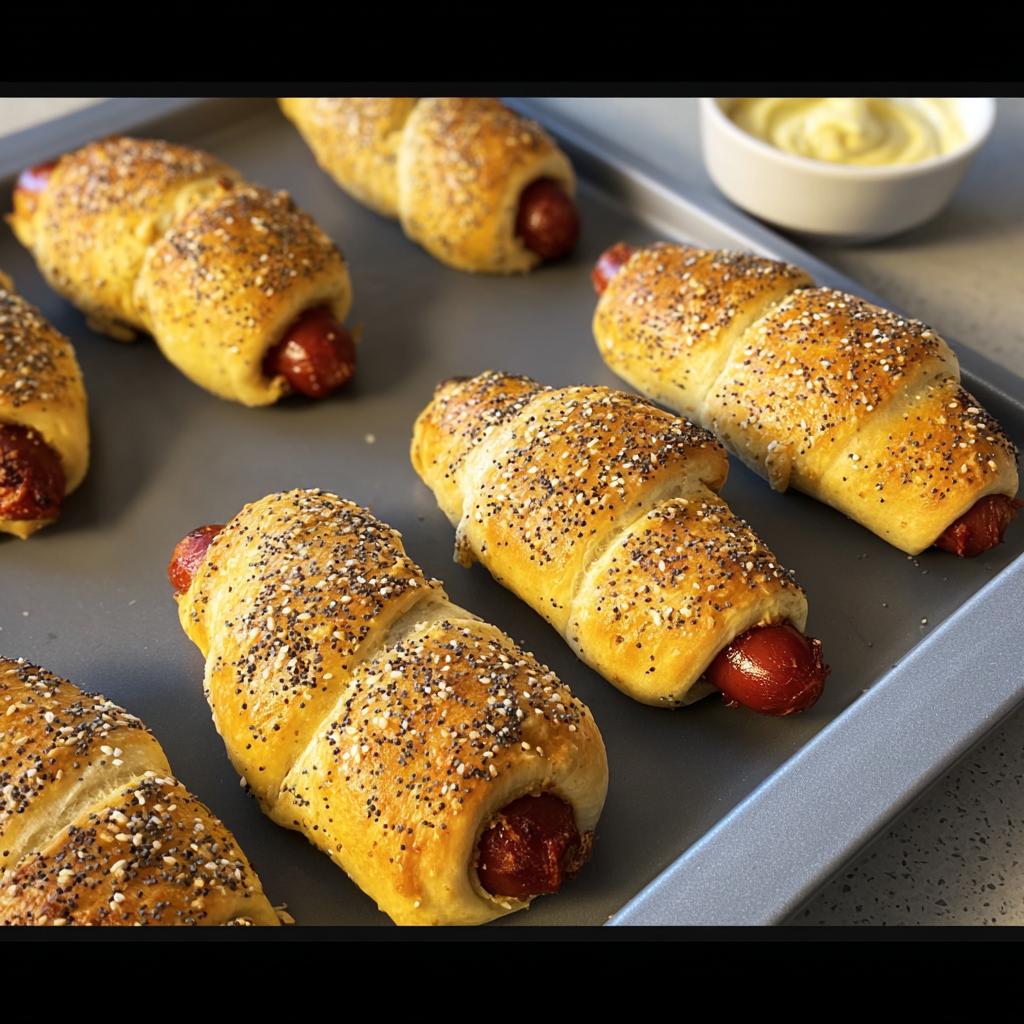 Baked Everything-Bagel Mummy Dogs on a baking sheet, ready to serve with mustard.