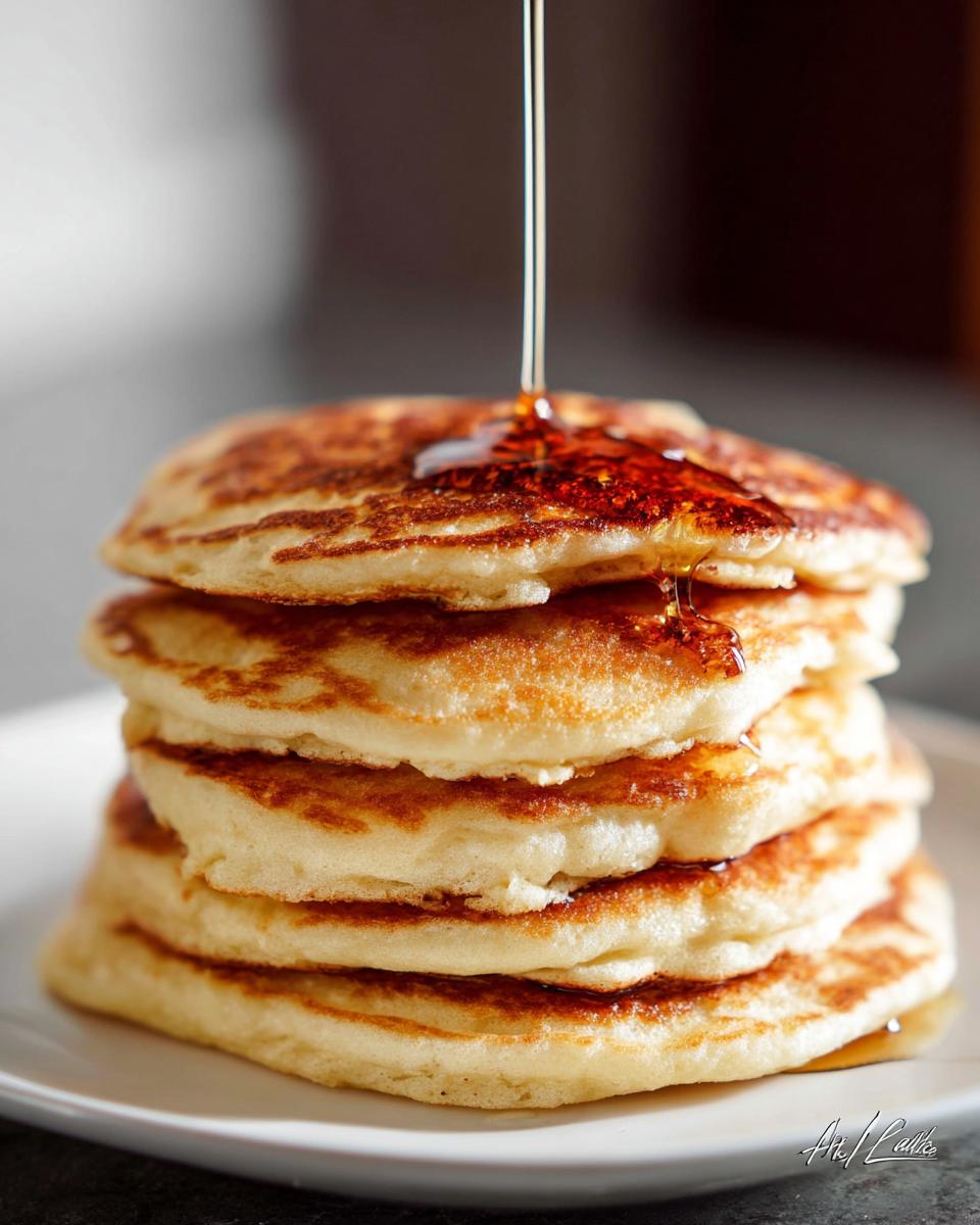 A stack of fluffy pancakes from scratch, with syrup being drizzled on top.