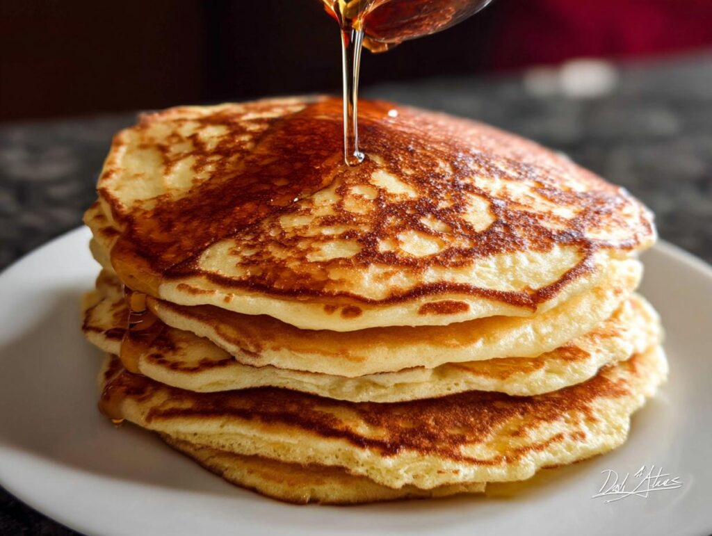 A tall stack of fluffy pancakes from scratch, with golden brown edges, being drizzled with syrup.
