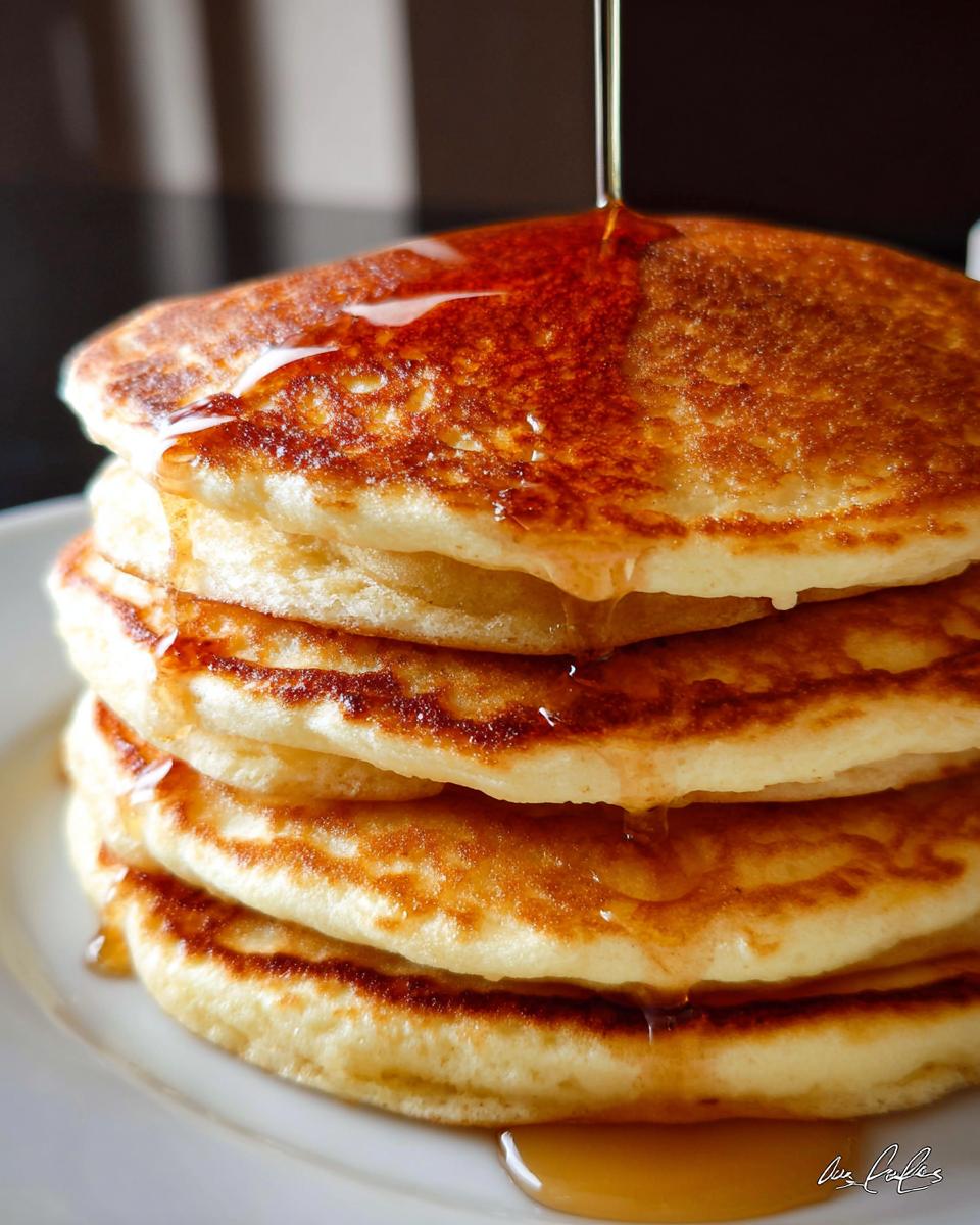 A tall stack of fluffy pancakes from scratch, with syrup being drizzled over the top.