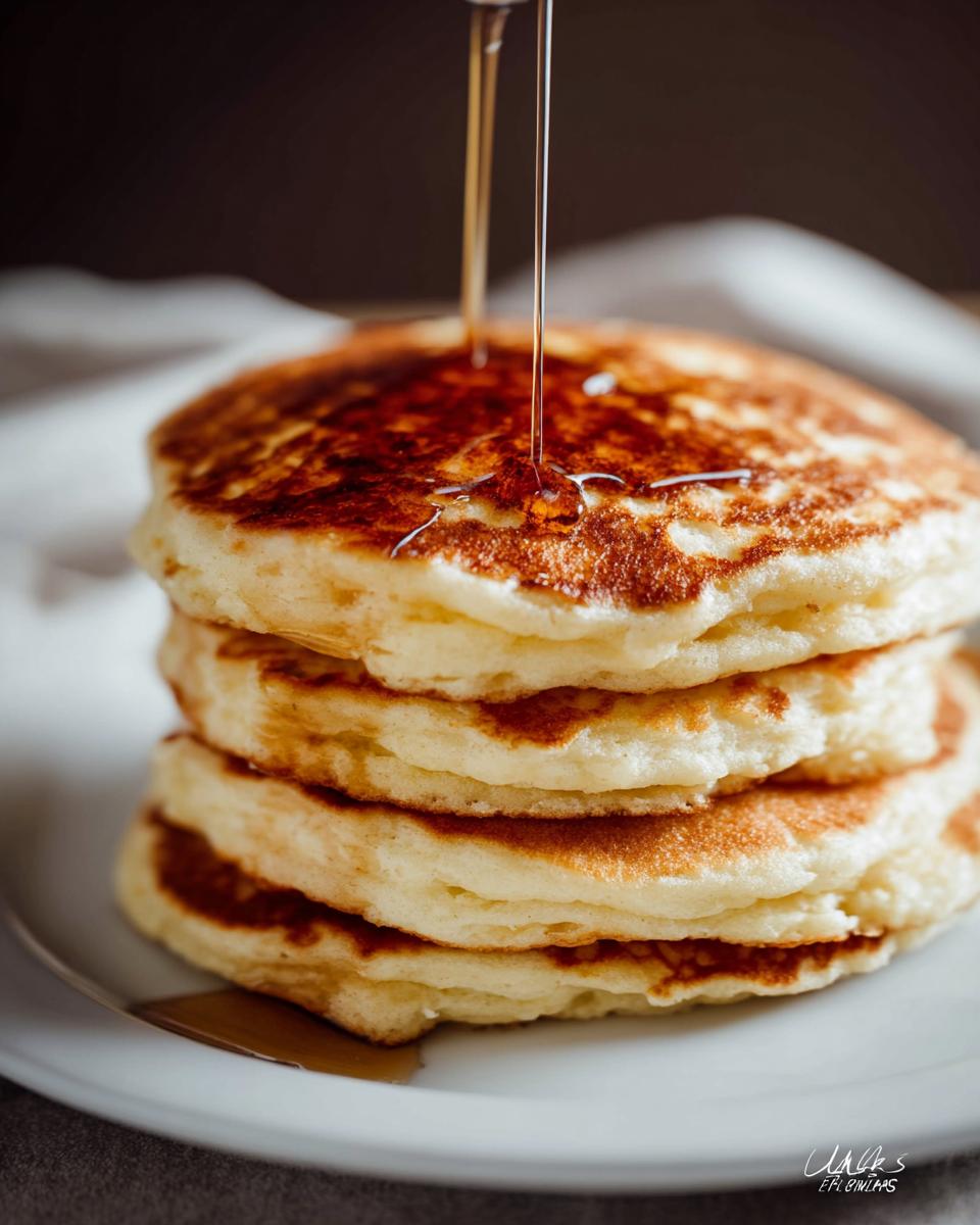 A stack of fluffy pancakes from scratch being drizzled with golden syrup.
