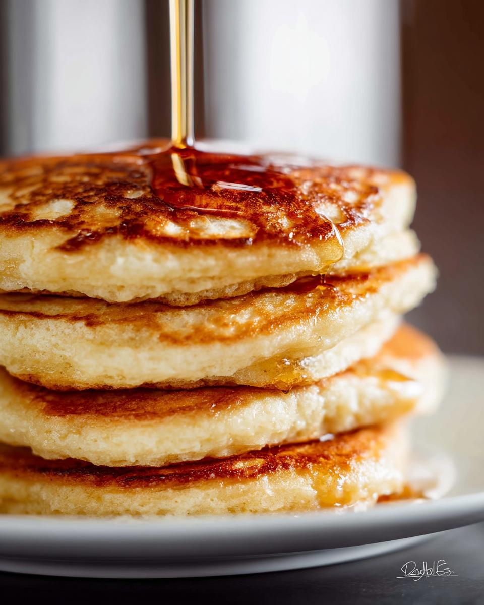 A stack of fluffy pancakes from scratch being drizzled with golden syrup.