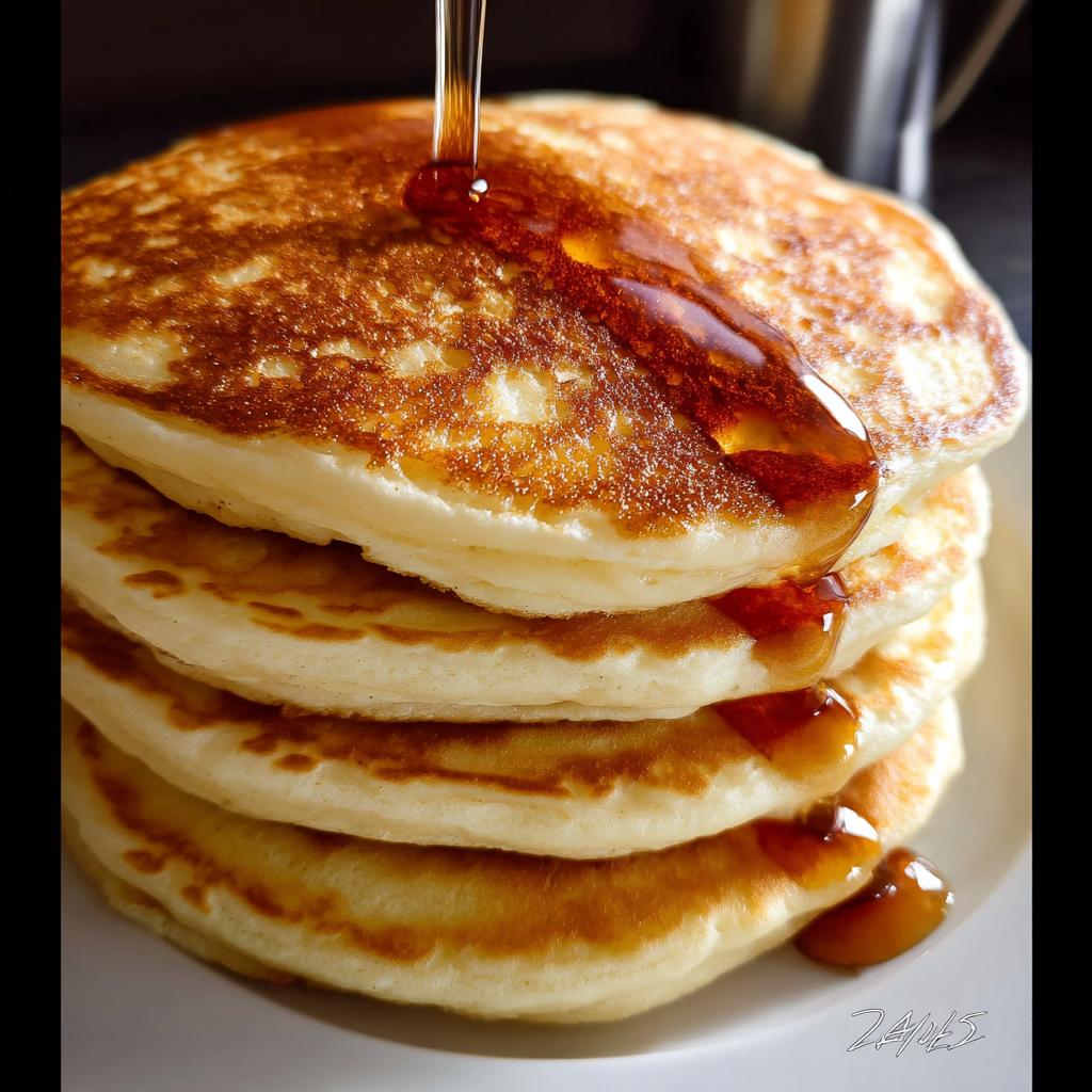 A stack of fluffy pancakes from scratch being drizzled with golden syrup.
