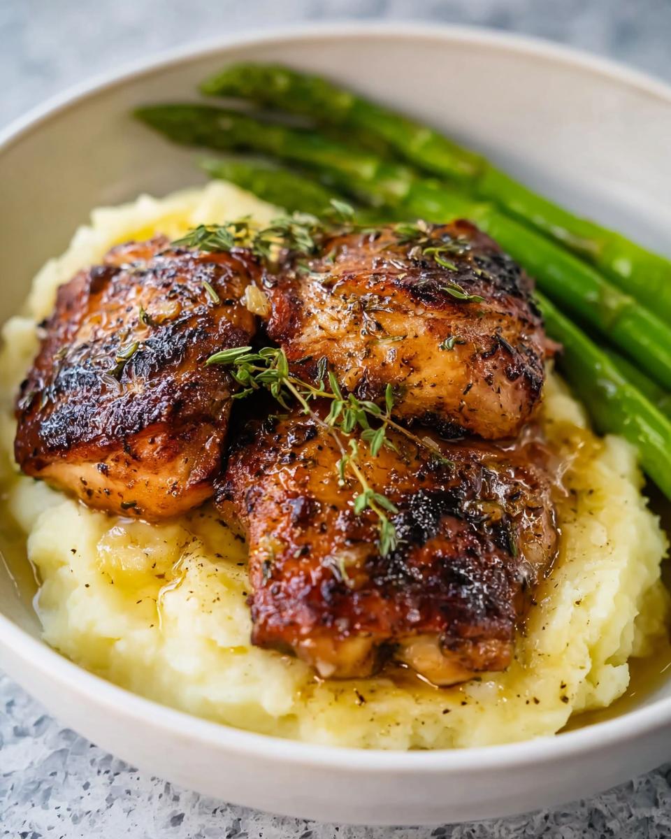 Three juicy Garlic Butter Chicken Thighs served over creamy mashed potatoes with a side of asparagus.