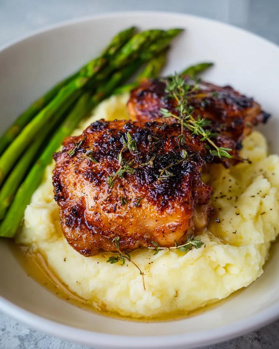 Two juicy Garlic Butter Chicken Thighs served over creamy mashed potatoes with a side of asparagus.