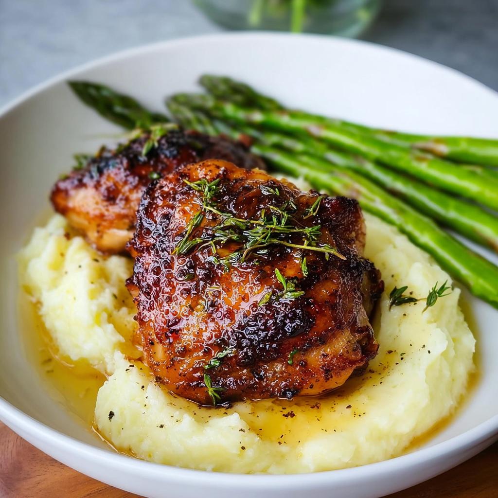 Close-up of two juicy Garlic Butter Chicken Thighs served over creamy mashed potatoes with asparagus.