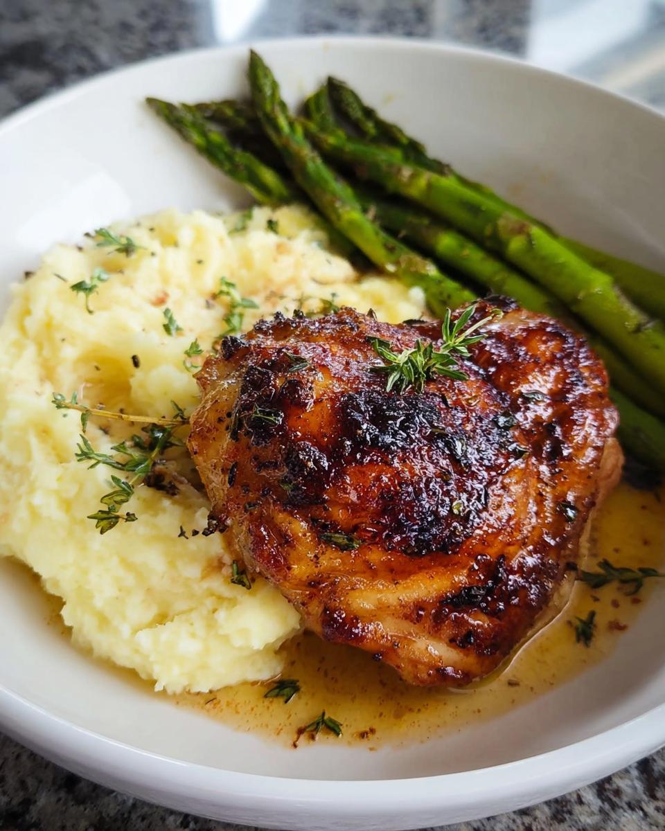 A close-up of a juicy Garlic Butter Chicken Thigh served with creamy mashed potatoes and asparagus.