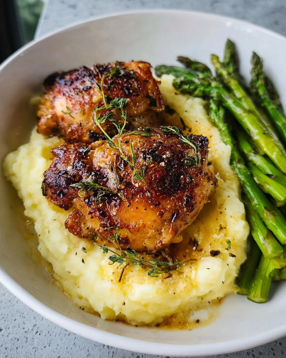 Two juicy Garlic Butter Chicken Thighs served over creamy mashed potatoes with a side of asparagus.