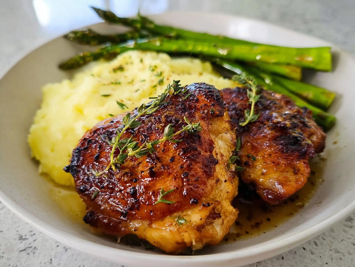 Two juicy Garlic Butter Chicken Thighs served with creamy mashed potatoes and asparagus.