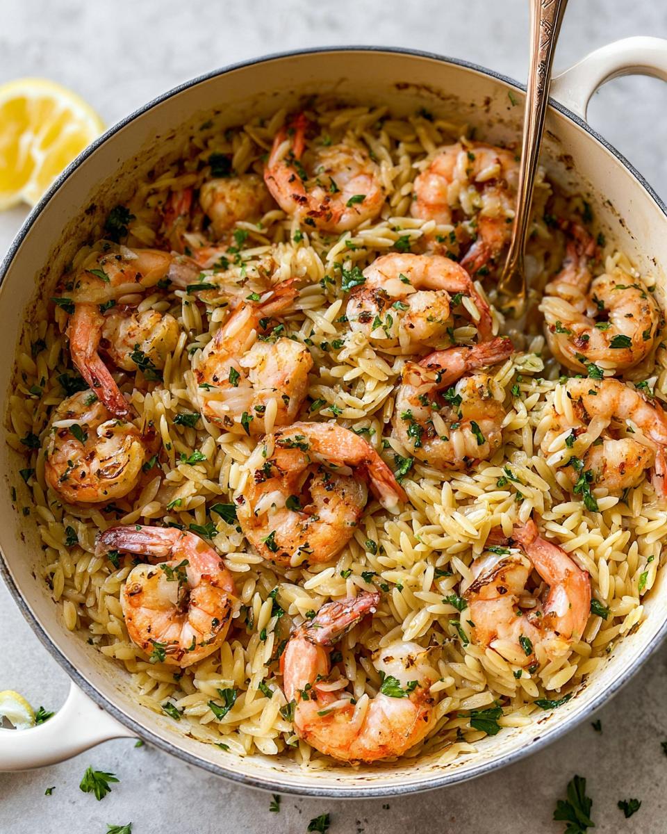One-pot Garlic-Butter Shrimp & Orzo dish, featuring juicy shrimp and pasta, garnished with parsley.