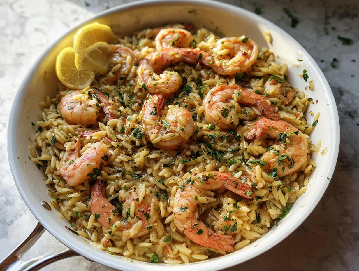 One-pot Garlic-Butter Shrimp & Orzo dish in a pan, garnished with lemon wedges and fresh herbs.