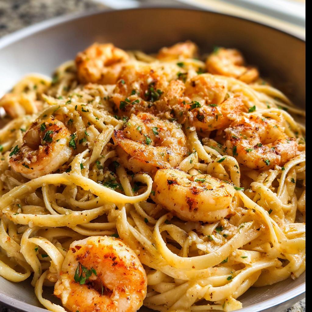 Close-up of a bowl of Garlic Shrimp Pasta with linguine noodles and seasoned shrimp, garnished with parsley.