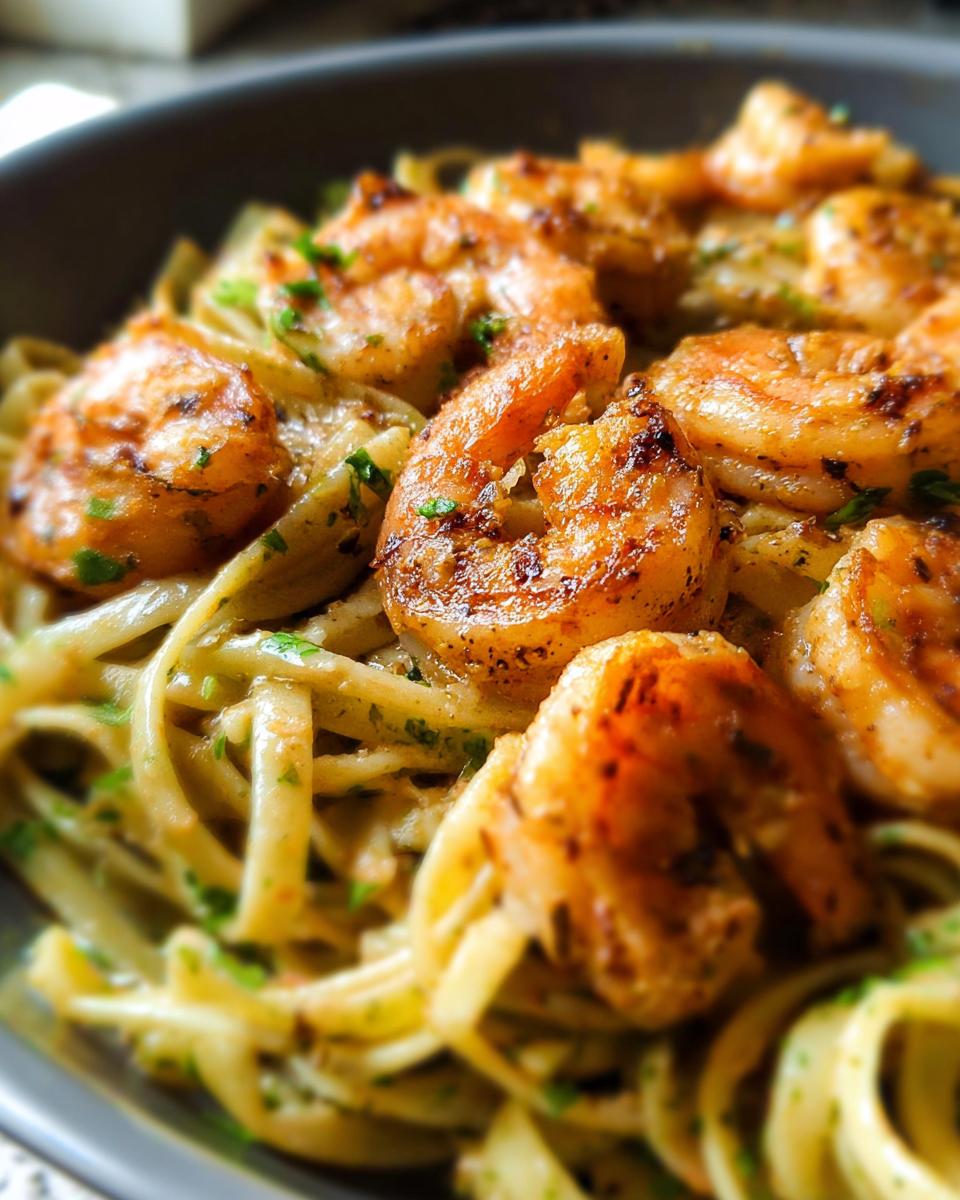 Close-up of delicious Garlic Shrimp Pasta with perfectly cooked shrimp and fettuccine, garnished with parsley.