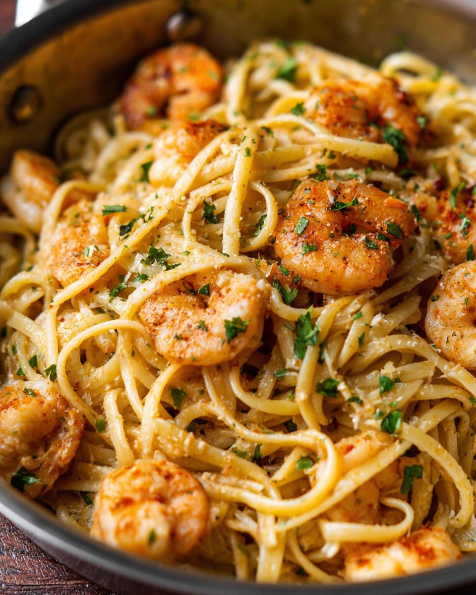 Close-up of a pan filled with delicious Garlic Shrimp Pasta, garnished with parsley and Parmesan cheese.