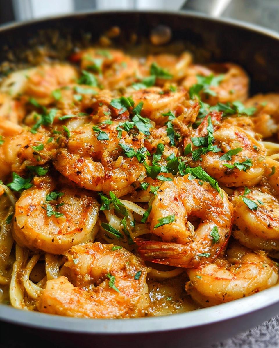 Close-up of a skillet filled with mouthwatering Garlic Shrimp Pasta, garnished with fresh parsley.