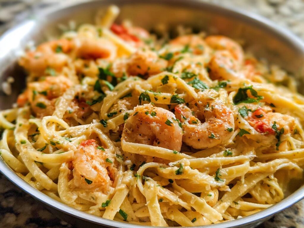 Close-up of a creamy Garlic Shrimp Pasta dish in a skillet, garnished with fresh parsley.