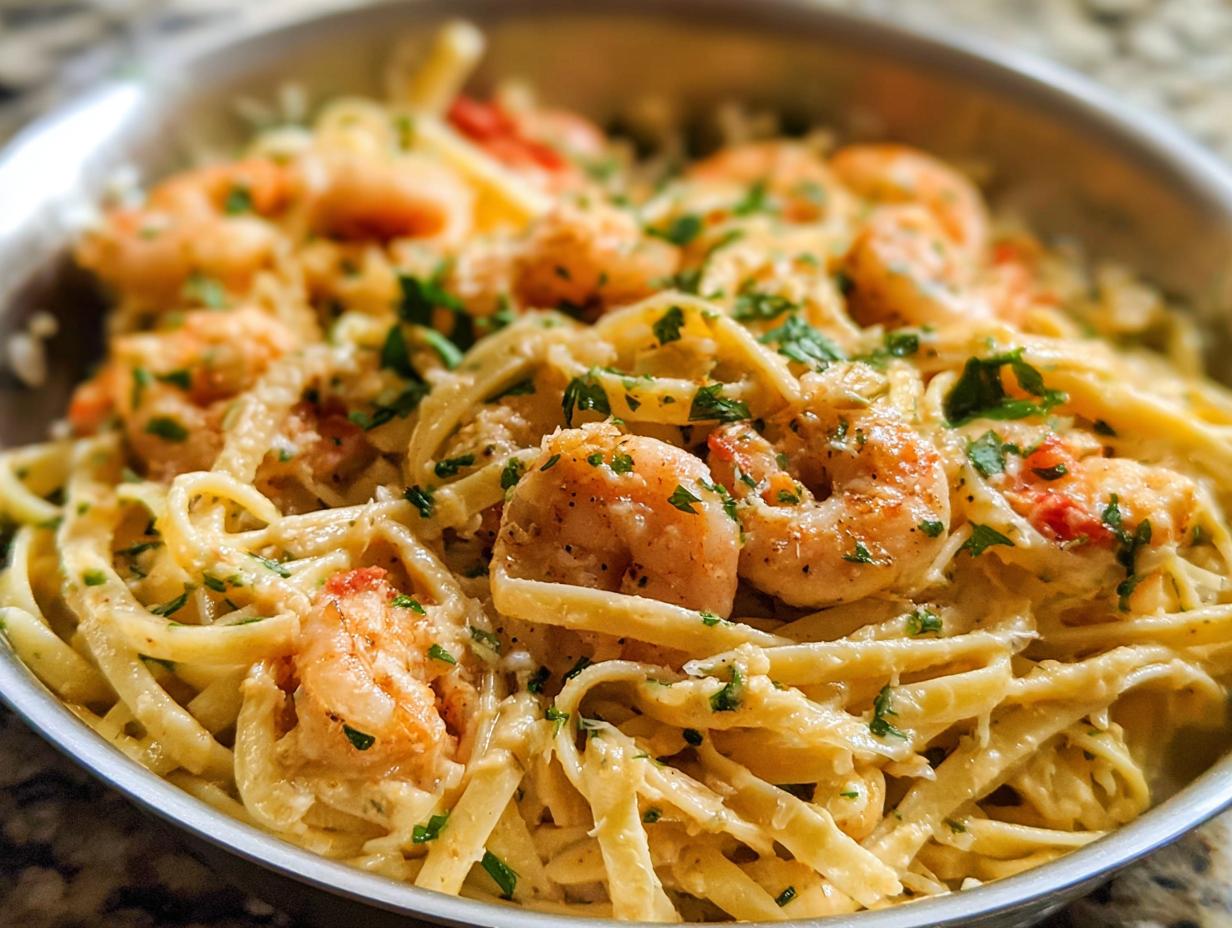 Close-up of a creamy Garlic Shrimp Pasta dish in a skillet, garnished with fresh parsley.