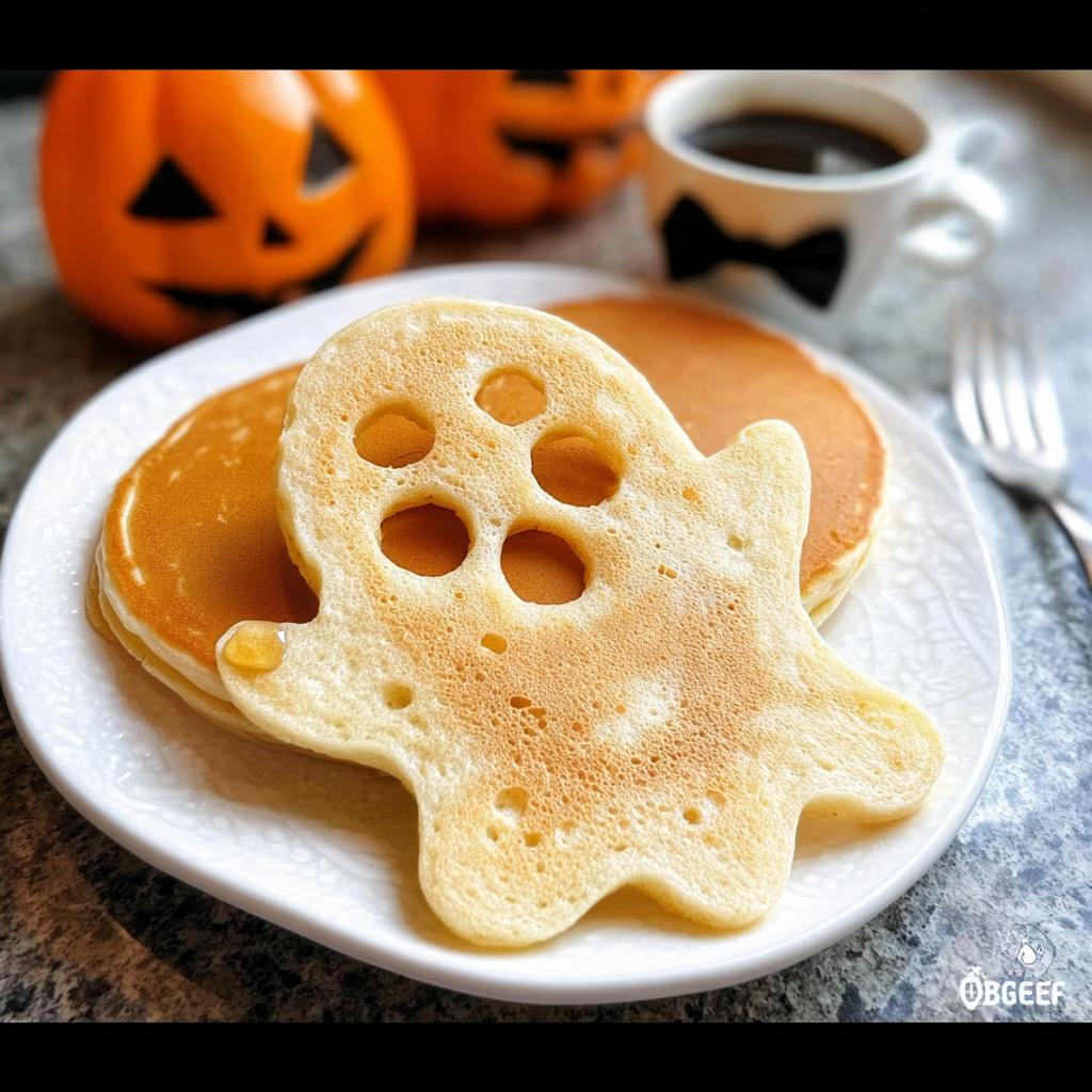 A fun ghost-shaped pancake with cut-out eyes and mouth, part of Halloween pancake art ideas for kids.
