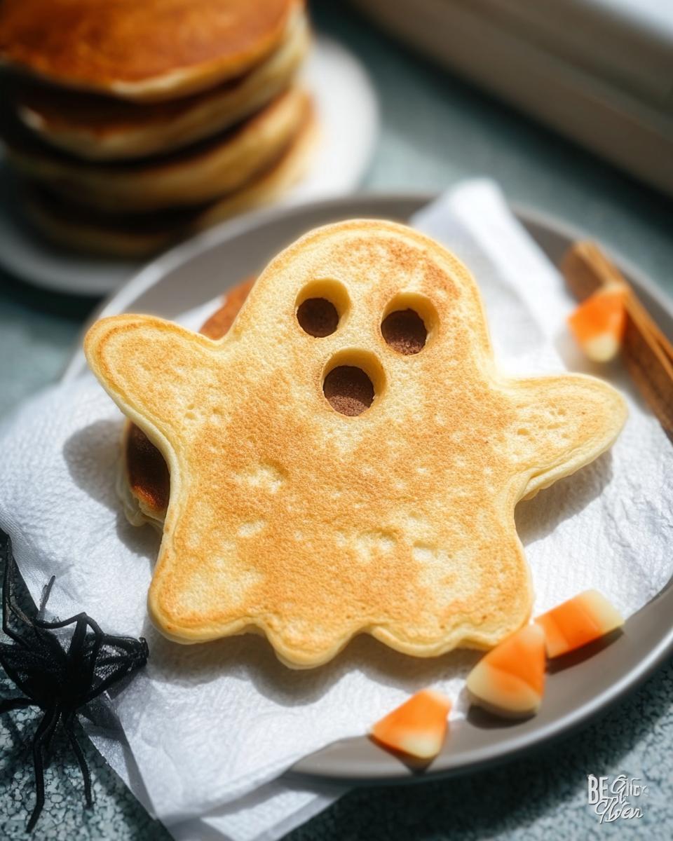 A fun ghost-shaped pancake with three circular eyes, part of Halloween Pancake Art Ideas for Kids.