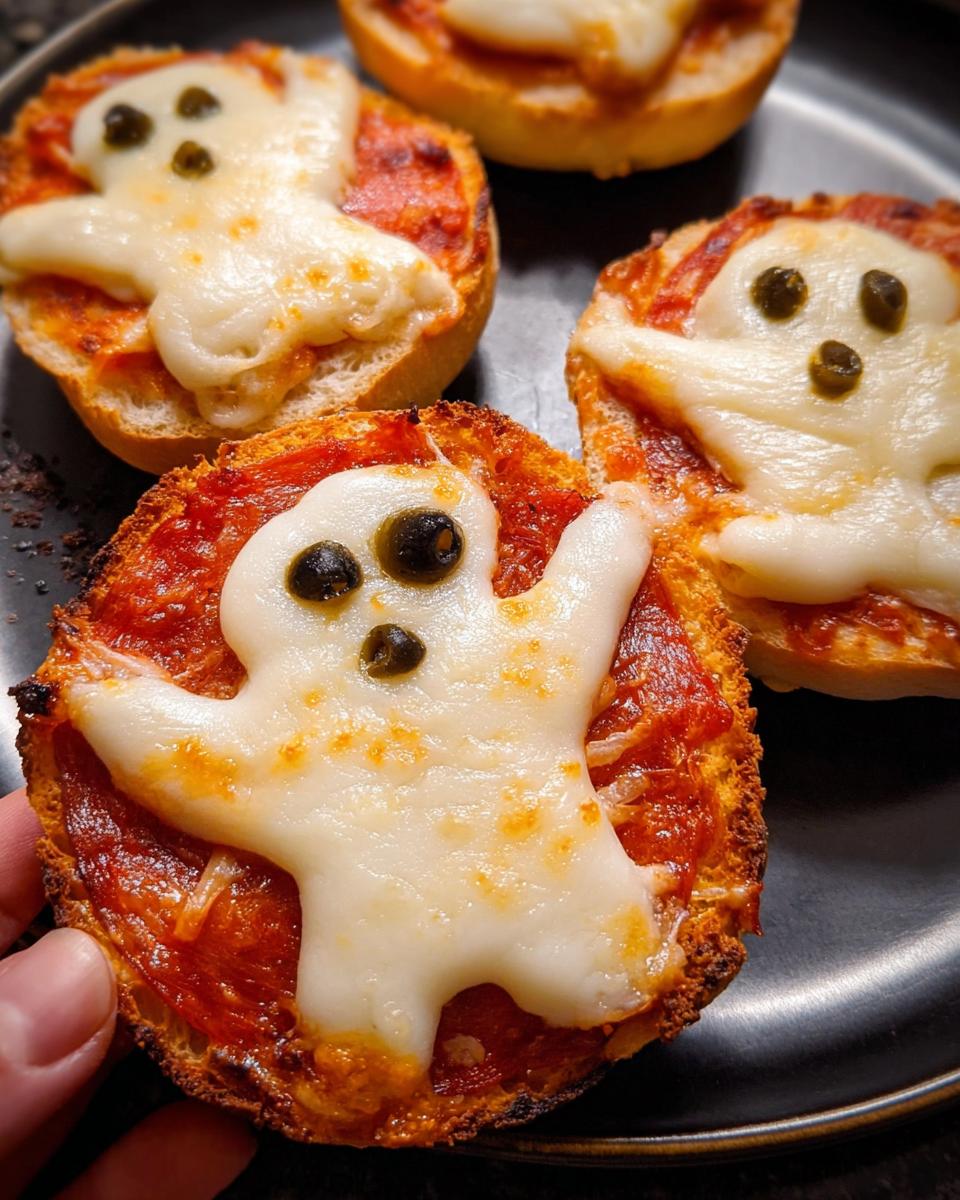 Close-up of Ghost Pizza Bagels for Parties, featuring ghost-shaped cheese and olive eyes on toasted bagels.