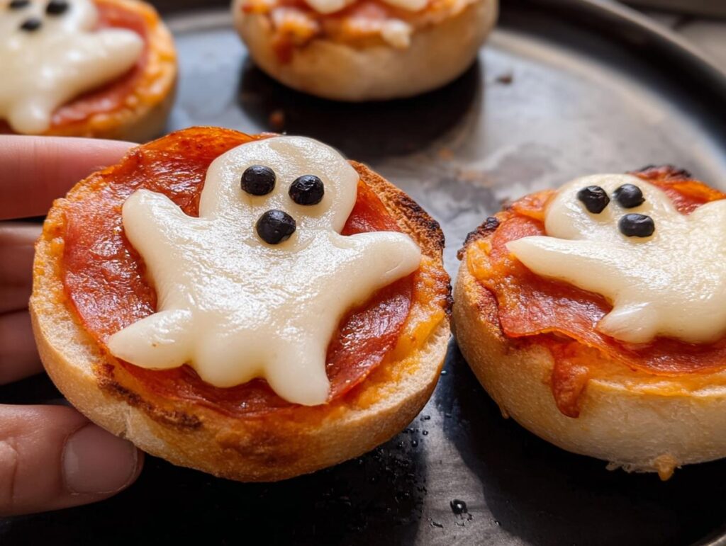Close-up of Ghost Pizza Bagels for Parties, featuring a bagel topped with pizza sauce, pepperoni, and a ghost-shaped cheese slice.