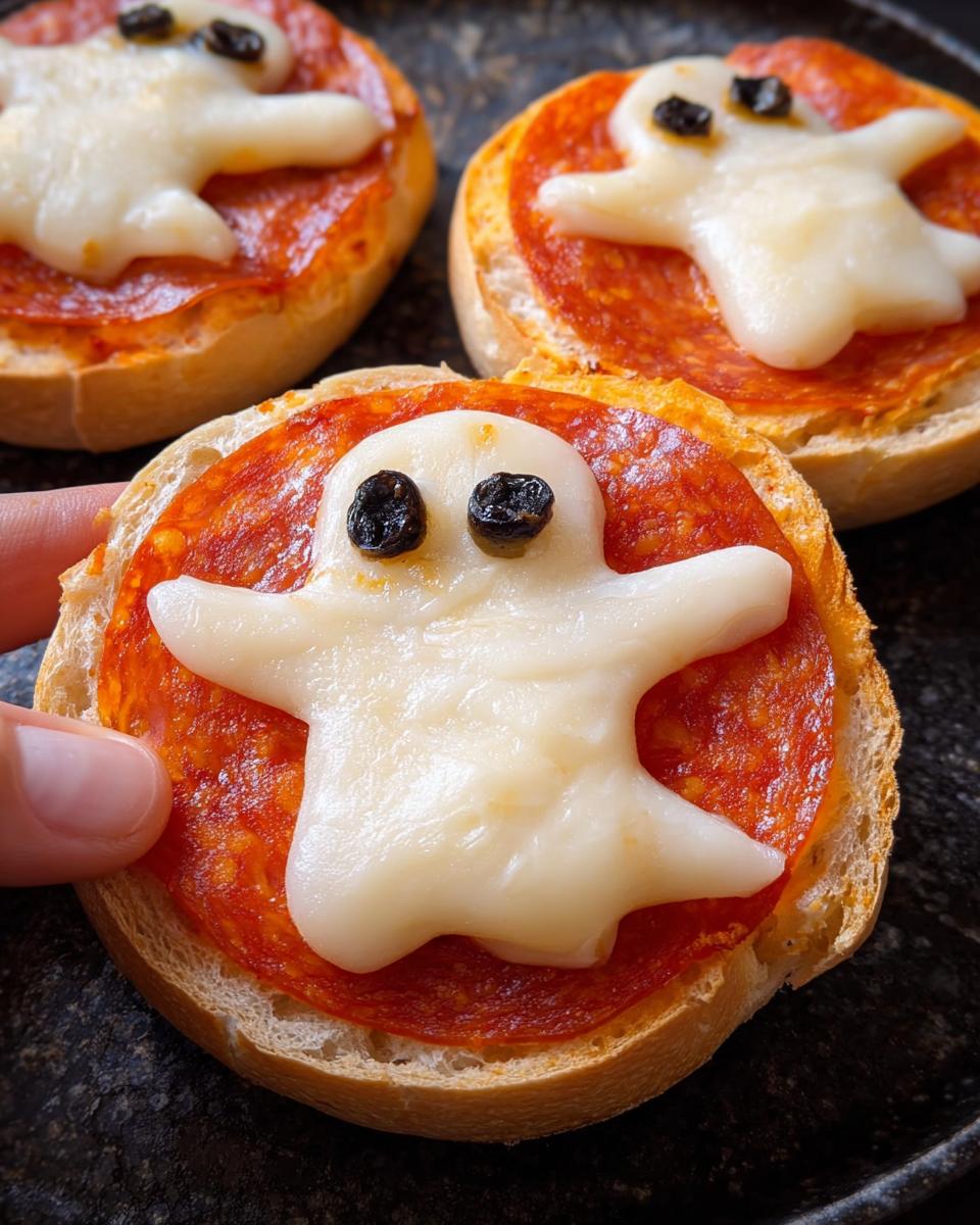 Close-up of Ghost Pizza Bagels for Parties, featuring pepperoni, mozzarella ghosts, and raisin eyes.