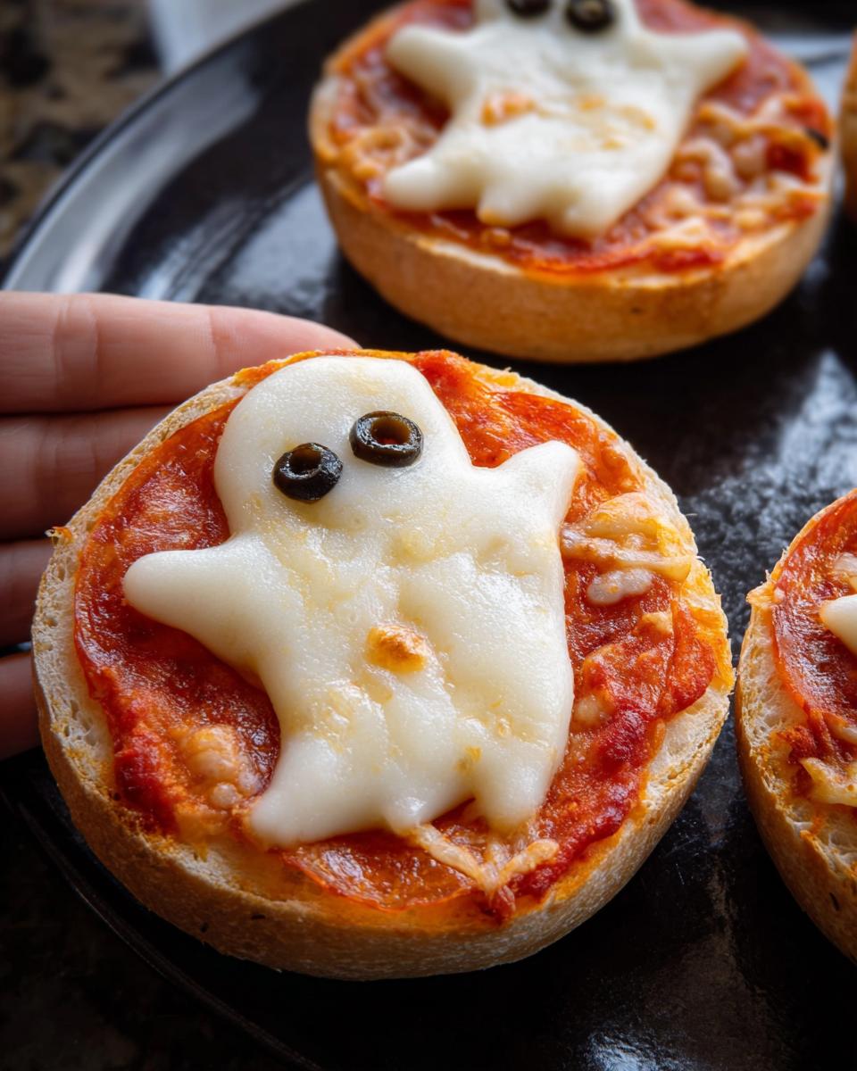 A hand holding a Ghost Pizza Bagel, topped with ghost-shaped cheese and olive eyes. Fun for parties!