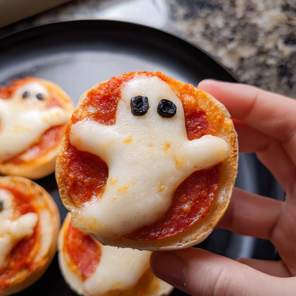 Close-up of a Ghost Pizza Bagel, a fun and spooky party snack with a ghost-shaped cheese topping.