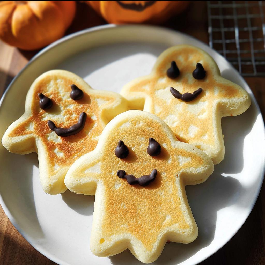 Three adorable ghost-shaped waffles decorated with chocolate chip eyes and smiles, perfect for Halloween morning.