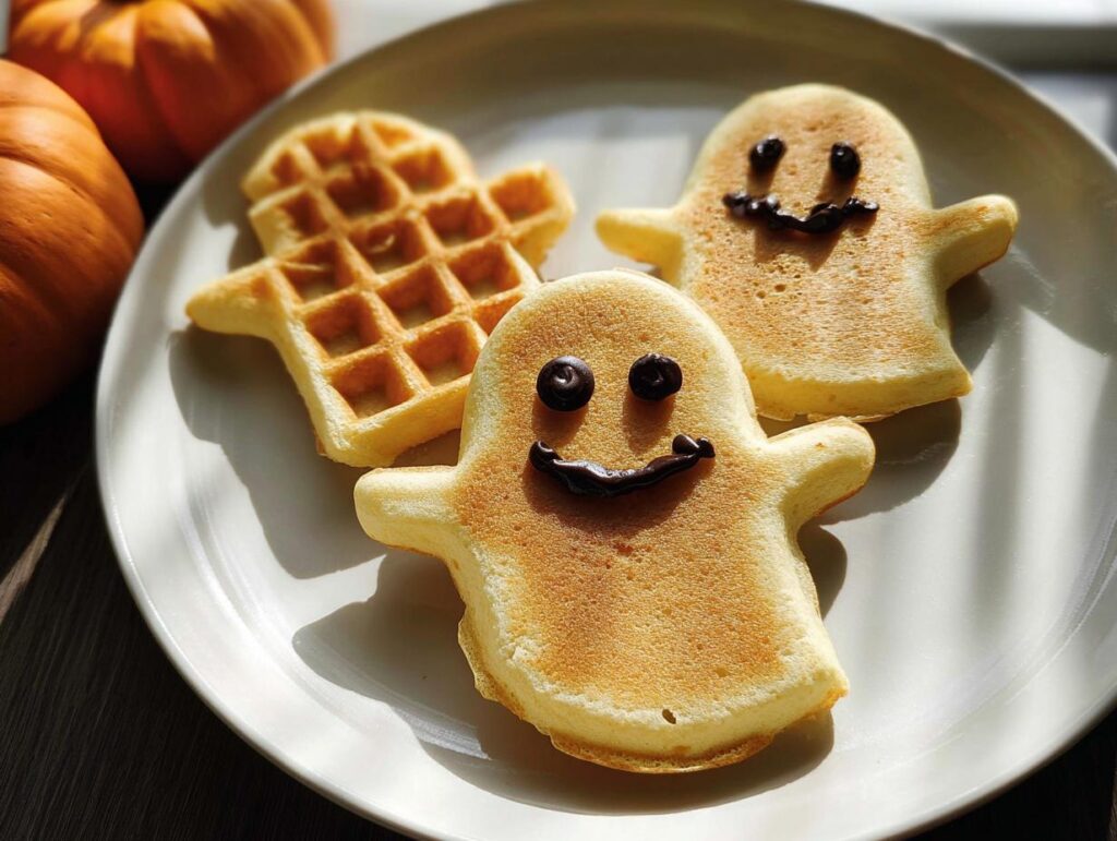 Three ghost-shaped waffles on a plate, two decorated with chocolate faces, for Halloween morning.