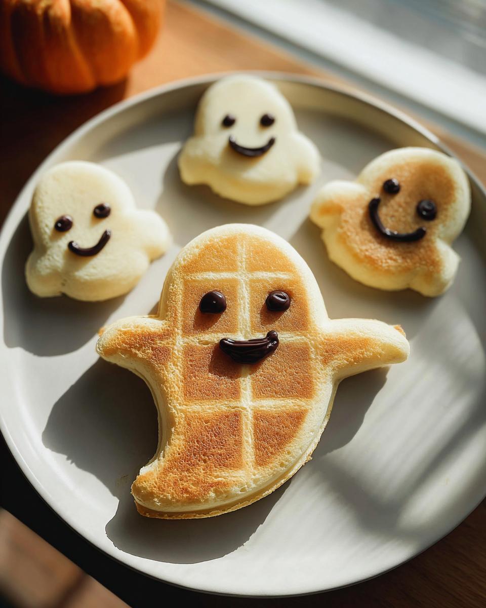 Four adorable ghost-shaped waffles with chocolate faces, ready for Halloween morning.