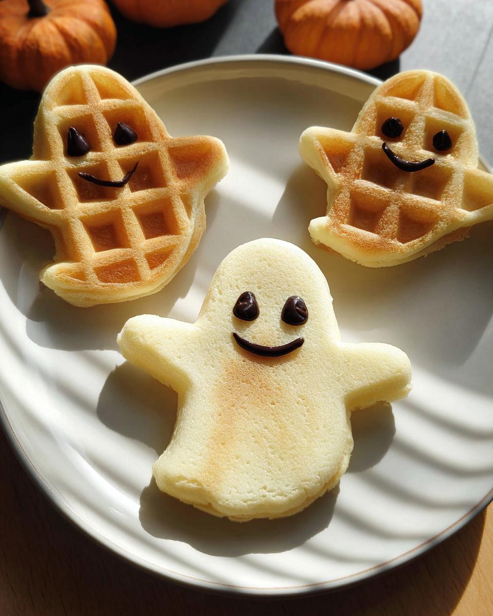 Three cute ghost-shaped waffles with chocolate chip eyes and smiles, perfect for Halloween Morning.