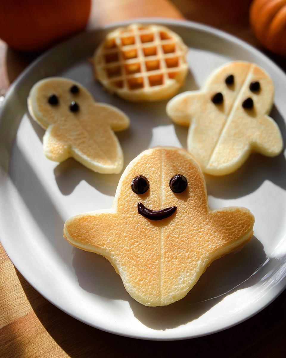A plate of festive ghost-shaped waffles for Halloween morning, decorated with chocolate chips for eyes and a smile.