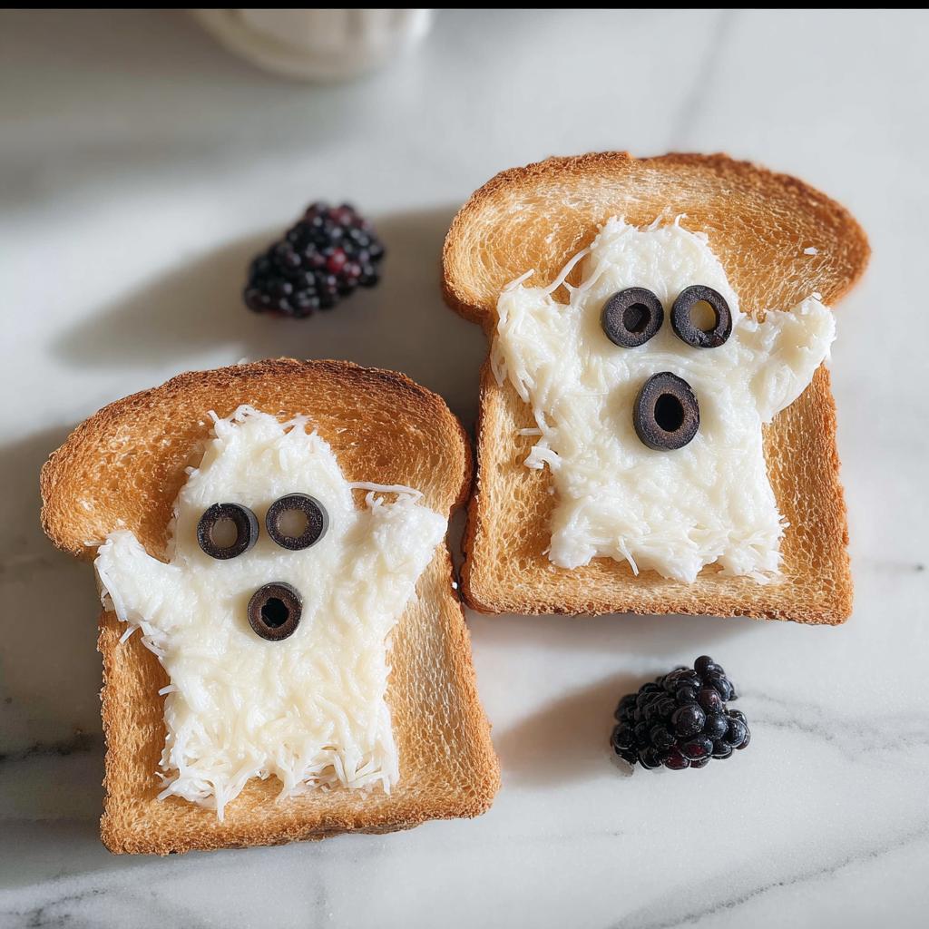 Two slices of Ghost Toast with Cream Cheese & Fruit Faces, styled as ghosts with olive eyes and mouths, next to blackberries.
