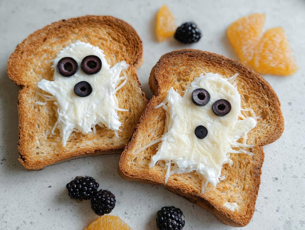 Two slices of Ghost Toast with Cream Cheese & Fruit Faces, decorated with olives and served with blackberries and orange slices.