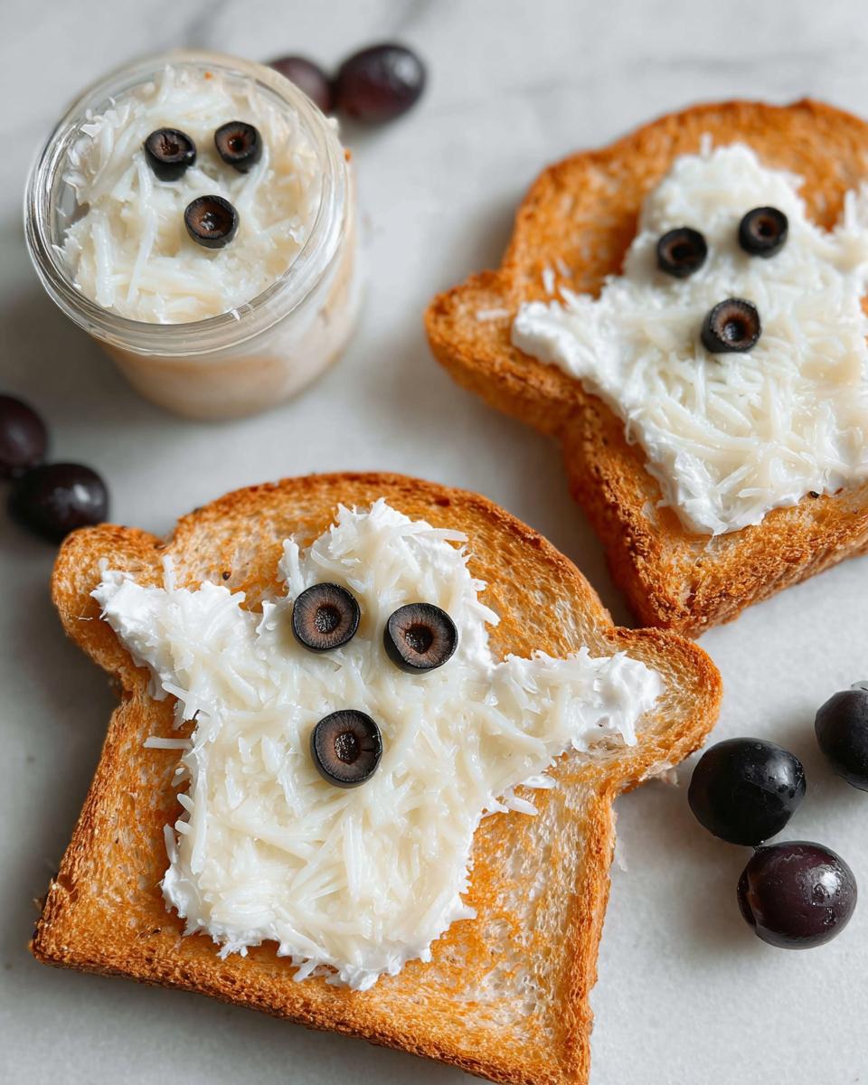 Two pieces of Ghost Toast with Cream Cheese & Fruit Faces, featuring cream cheese, shredded coconut, and olive eyes.