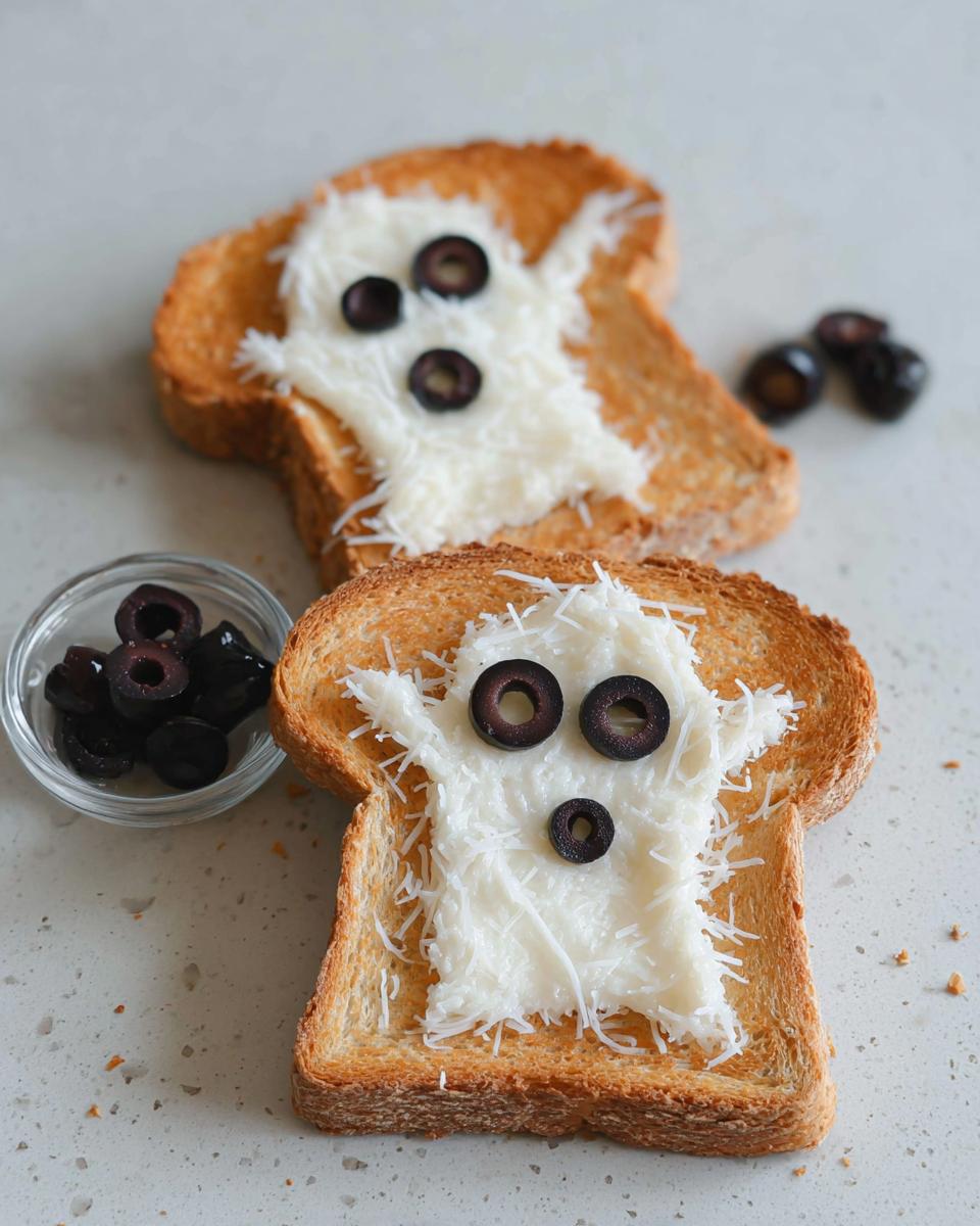 Two slices of Ghost Toast with Cream Cheese & Fruit Faces, decorated with cream cheese and olive eyes.
