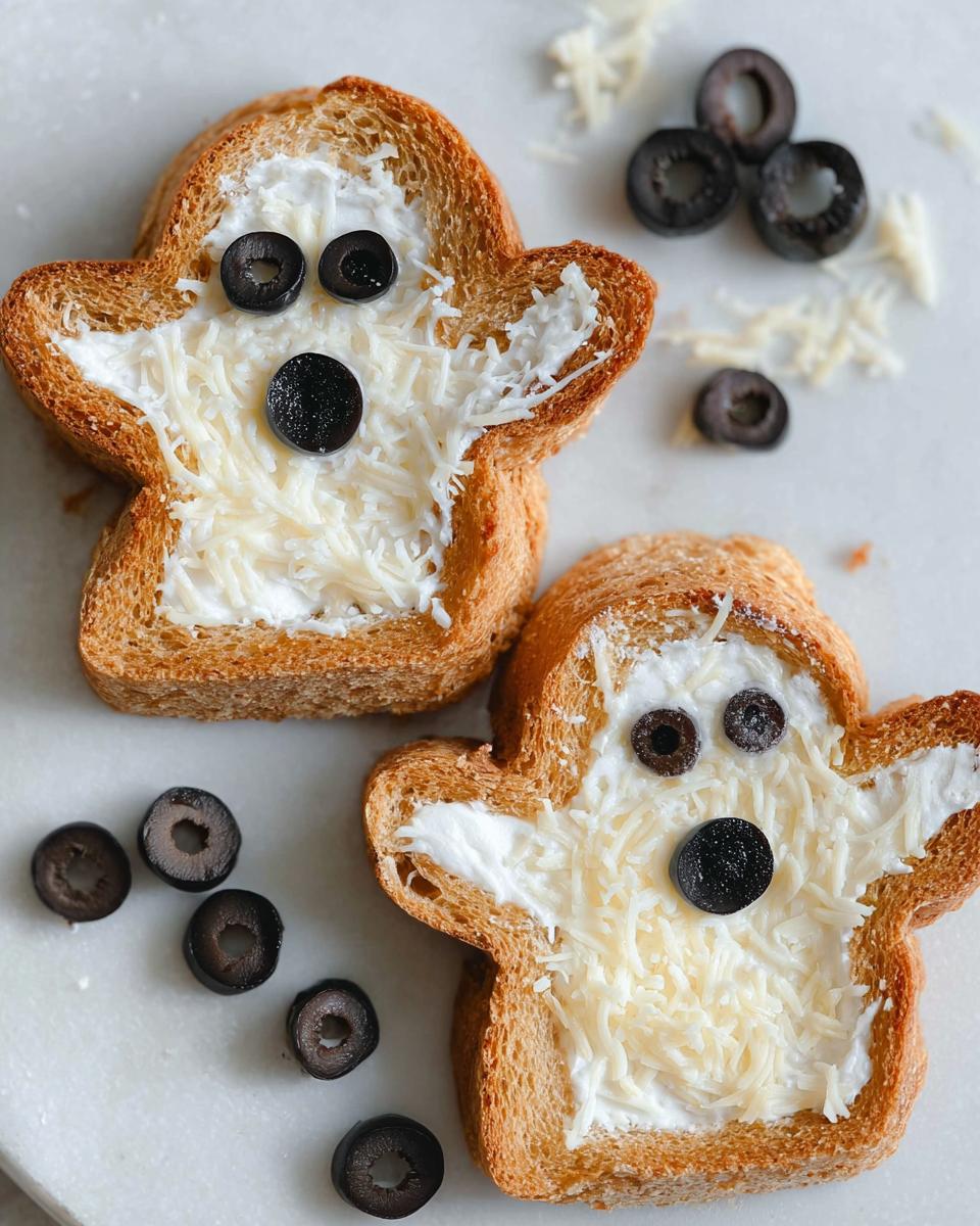 Two slices of Ghost Toast with Cream Cheese & Fruit Faces, featuring olive eyes and shredded cheese.