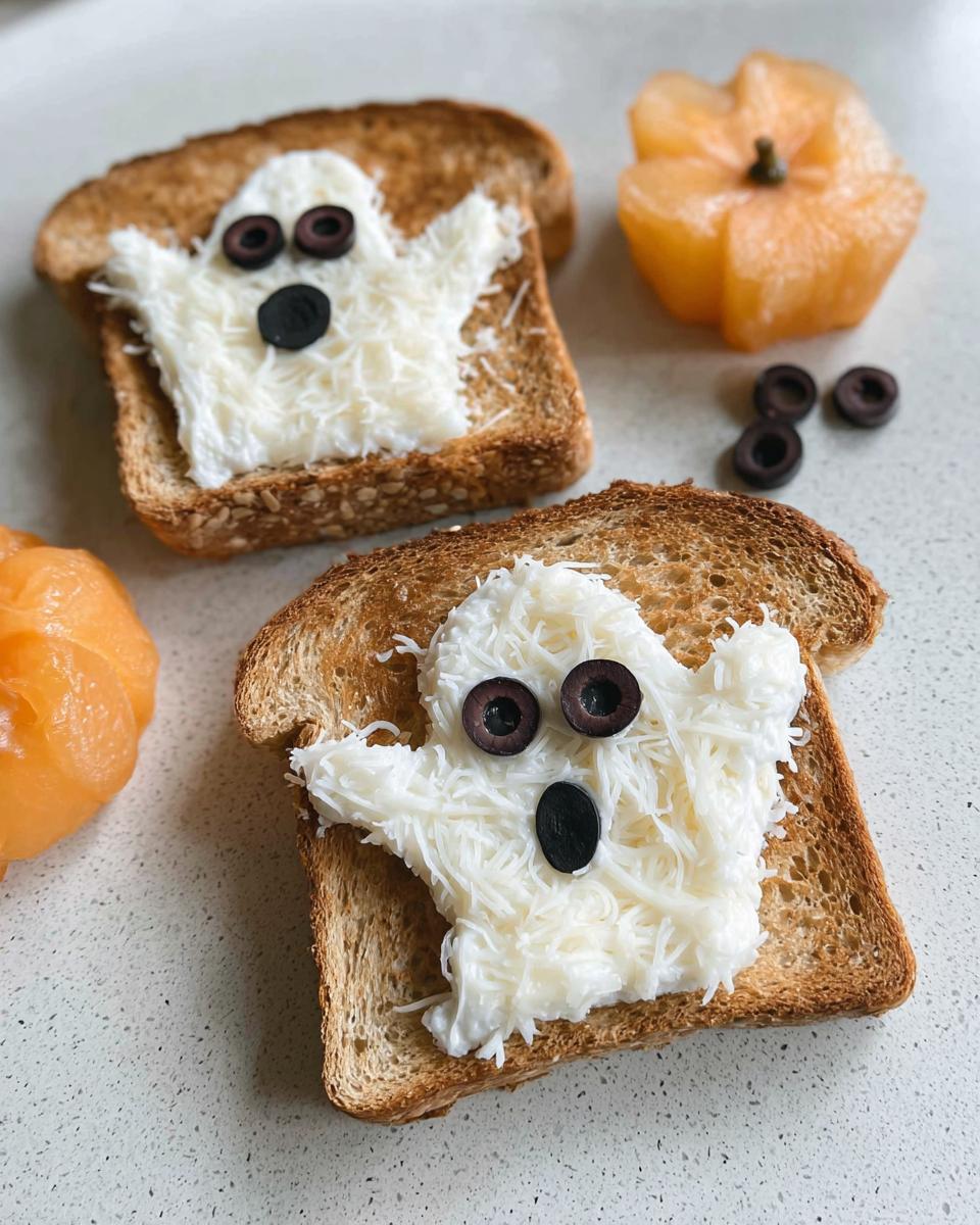 Two slices of Ghost Toast with Cream Cheese & Fruit Faces, decorated with olive eyes and mouth, alongside cantaloupe pumpkins.