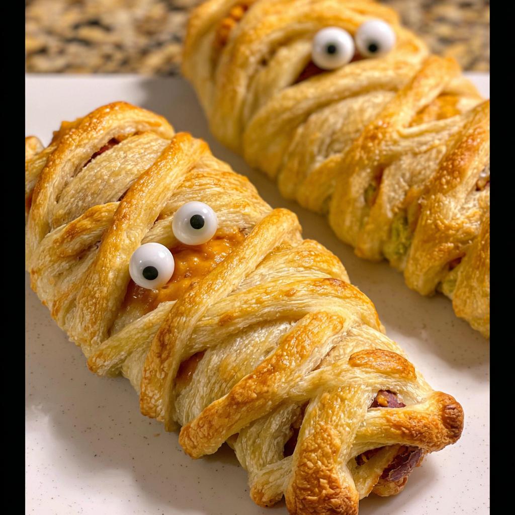 Two Gluten-Free Mummy Dogs wrapped in puff pastry with candy eyes, ready for Halloween.