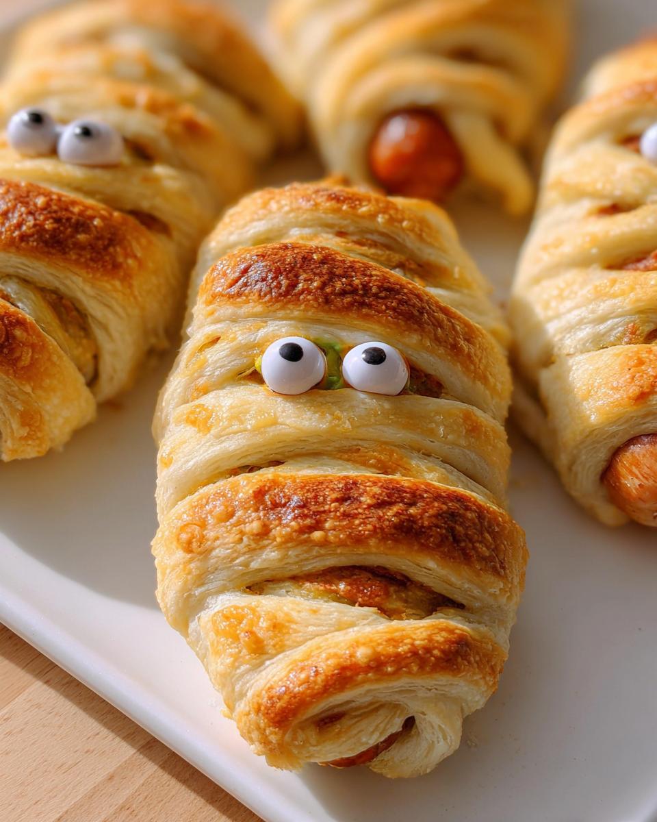 Close-up of Gluten-Free Mummy Dogs made with puff pastry and candy eyes for a fun Halloween treat.