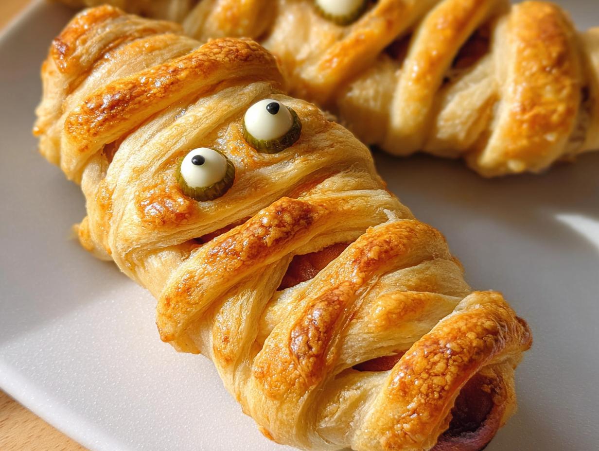 Close-up of a Gluten-Free Mummy Dog made with puff pastry and decorated with candy eyes.